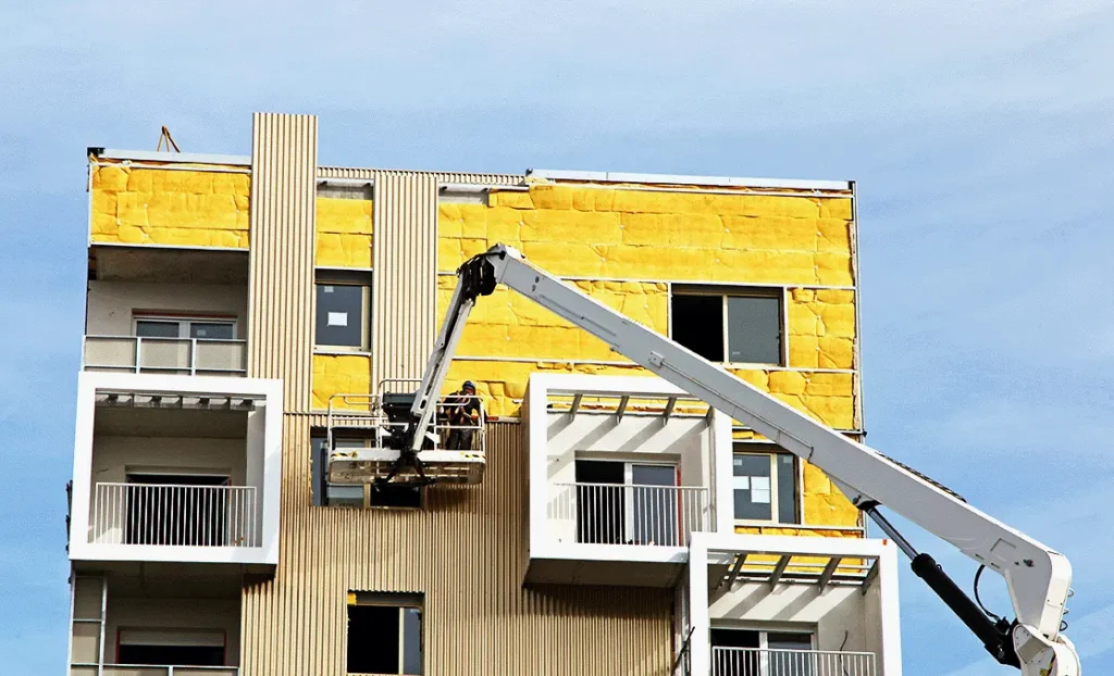 Façade ventilée d’un immeuble de bureaux en construction, panneaux composites
