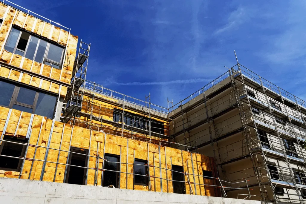Vue latérale d’un immeuble de bureaux en cours de finition