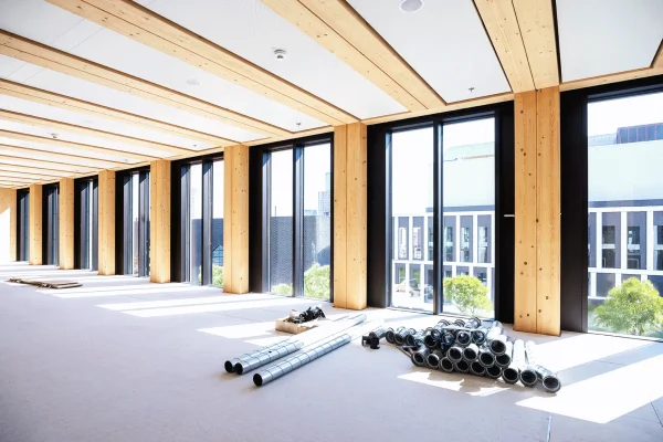 Vue d’ensemble d’un espace professionnel en bois brut, chantier en cours